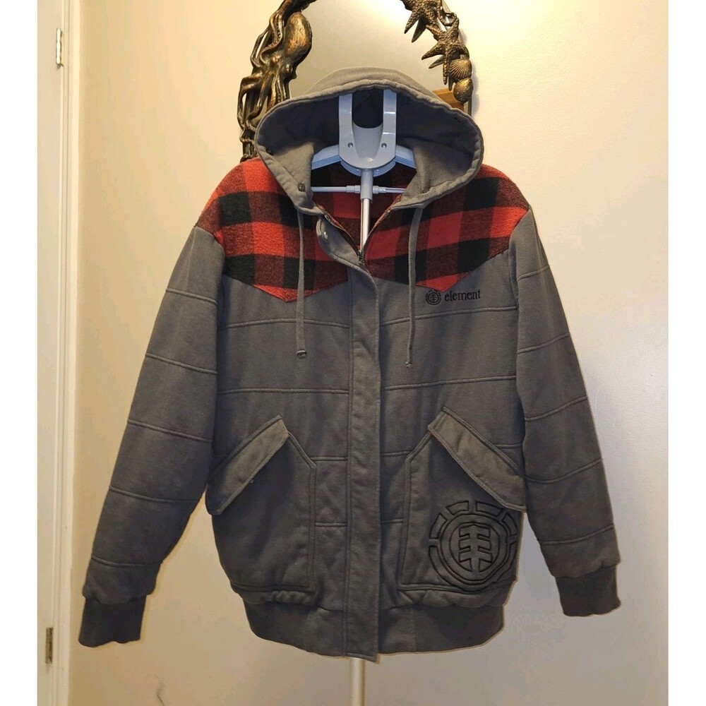 Vintage Element Hoodie Jacket Y2K Full Zip Skater Mens XL Gray Plaid 2000s Logo